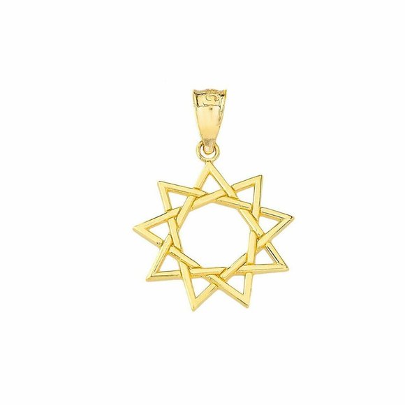 14k Solid Gold 9 Star Baha'i Openwork Pendant - Yellow, Rose, or White